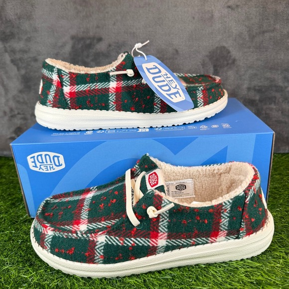 Hey Dude Shoes - Hey Dude Wendy Confetti Plaid Cozy Red Green Multi Slip On Shoes Womens sz 7 NWT